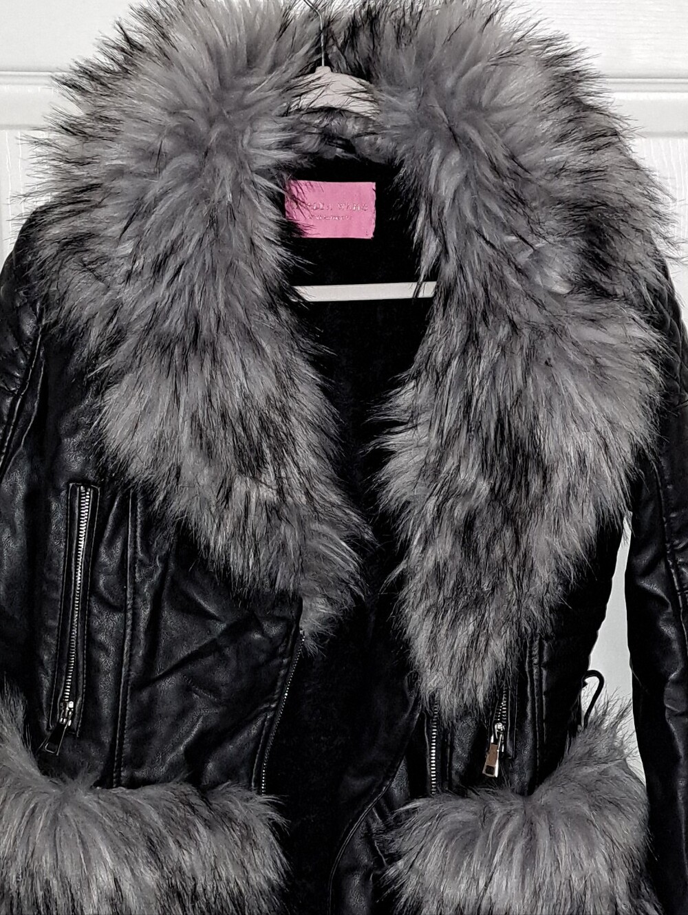 Akira Chanel Dup Faux Fur Trim Black Leatherette Jacket with Gray Fur